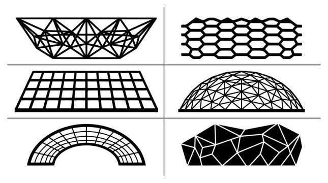 Geometric structure silhouettes set with geodesic dome and truss designs, architecture and engineering
