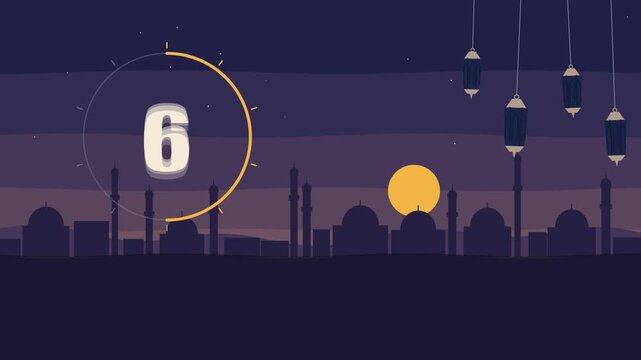 Ramadan 2027 iftar countdown with lanterns and crescent moon at sunset