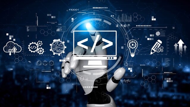 Modern web development concept featuring coding symbols, web development process, web development interface, and web development tools with futuristic design. Muxer
