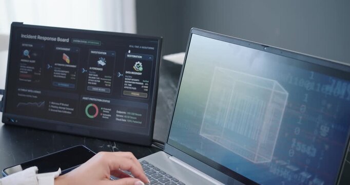Alert appearing on monitor at desk is causing hands to type on laptop to contain breach