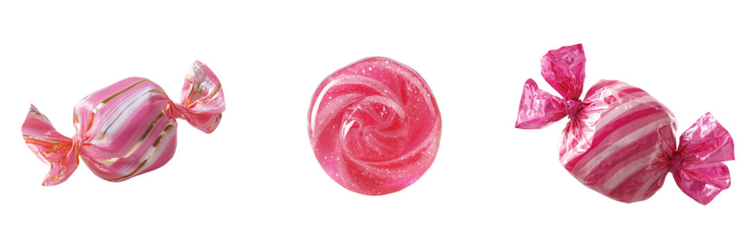 Set of A pink and white spiral hard candy nestled inside a transparent section of shiny pink wrapping film on transparent png background. Ai generated