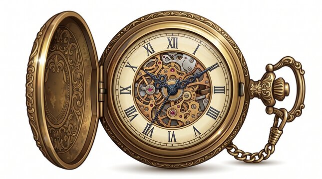 Pocket watch crafted from antique bronze with an open mechanical movement and Roman numeral dial isolated on a white background.