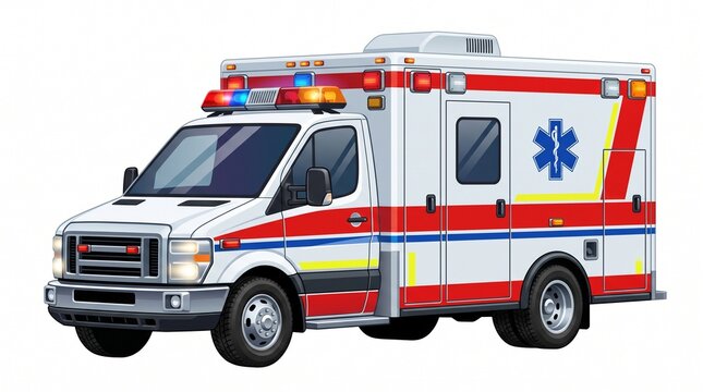 Ambulance emergency vehicle stands ready for service with bright red and white exterior markings.