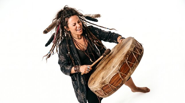 Woman with dreadlocks and feathers plays a large tribal drum with a beater on a white background