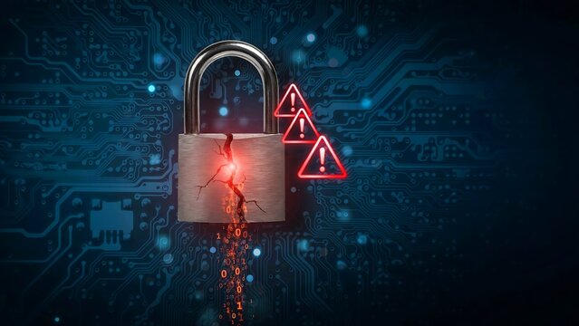 Cybersecurity threat concept featuring a cracked metal padlock with glowing red warning signs and binary code leaking on a dark circuit board