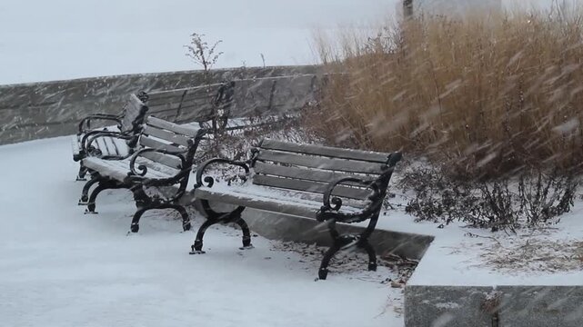 A snowstorm blanketing the benches in a public park; a winter urban landscape. Adverse weather conditions