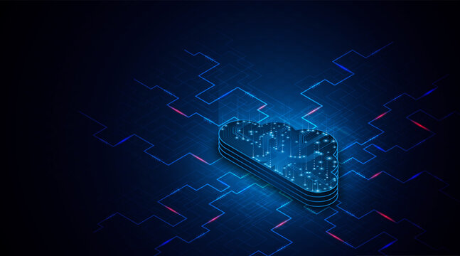The concept of cloud computing and future data center technology. Digital storage servers on blue circuit boards. High-speed server connectivity for big data processing.
