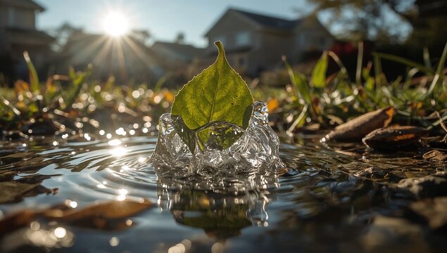A single leaf sitting in water, perhaps after a rainstorm or flood