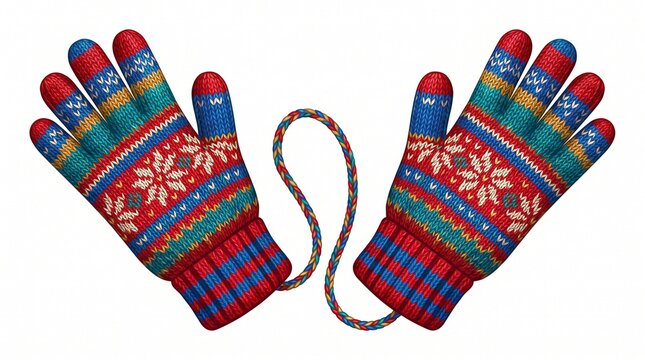 Winter mittens with colorful Nordic patterns are connected by a long string against a white background.