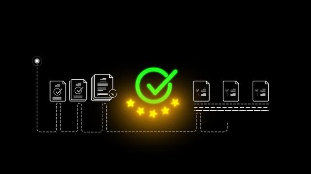 Futuristic Computing Concept with Data Security and File Management in Business Environment Quark. check mark and files in data transfer animation.