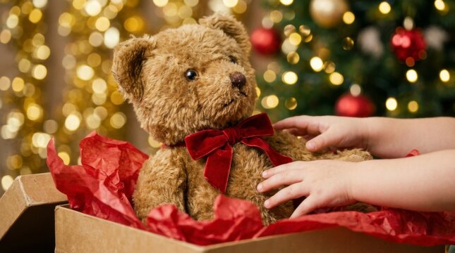 Child's hands unwrapping a classic brown teddy bear with a red bow in a gift box, set against a festive Christmas tree with bokeh lights, symbolizing holiday joy and giving.