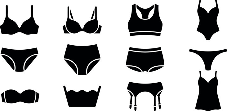 Women lingerie and underwear icon set, female bra panties and swimwear silhouette vector