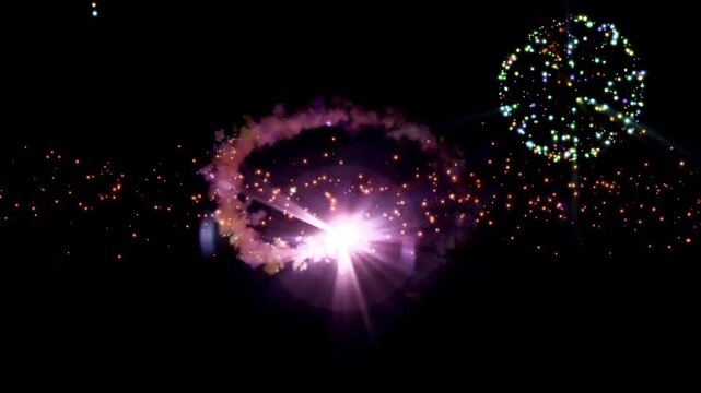 Dynamic fireworks burst and dandelion seed head explosion in night sky for festive celebration video background