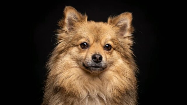 pomeranian mix dog close up isolated on black background video