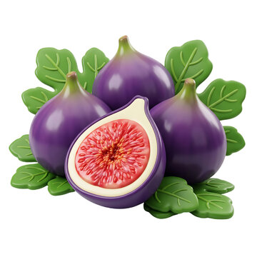 Stylized 3D purple figs with green leaves, vibrant ripe fig fruit collection with half sliced fig, glossy cartoon style fruit illustration