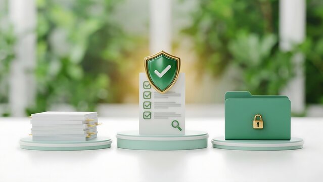 Document management concept with a green folder, a checklist shield, and a stack of papers on podiums for business organization tasks