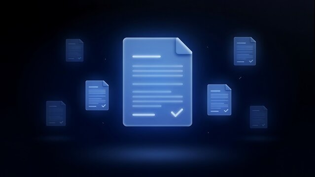 Document approval and verification concept with a central glowing blue file and checkmark surrounded by smaller floating documents