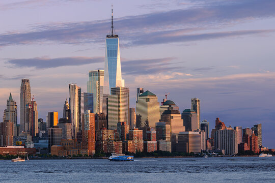 Lower Manhattan Skyline and One World Trade Center at Sunset, New York City