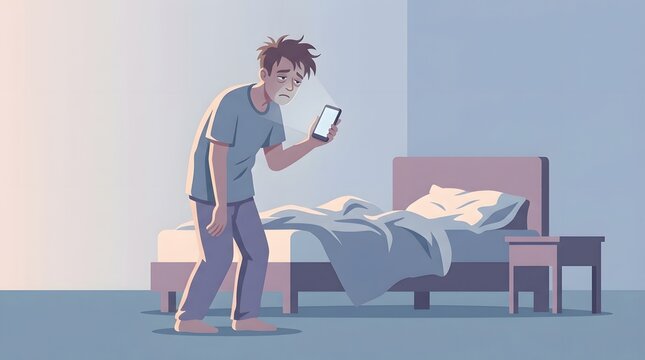 Morning Grogginess: A tired young man, barely awake, stares at his phone in his dimly lit bedroom, the early morning light casting long shadows. The image evokes the struggle to face the day.