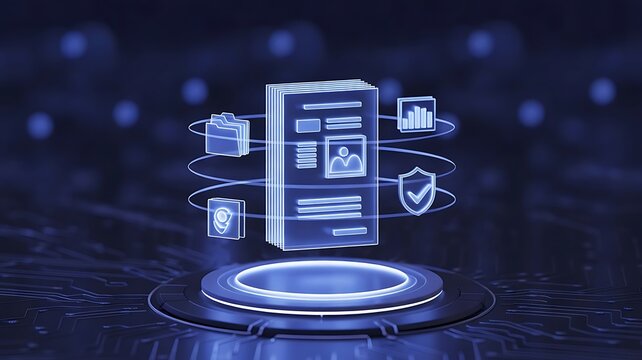 Futuristic holographic document file surrounded by floating of folders and security shields on a glowing blue digital technology platform