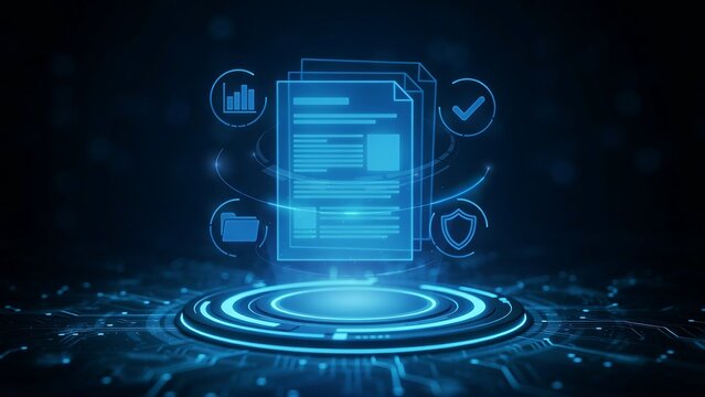 Futuristic digital document file floating above a glowing circular platform with surrounding holographic for data analysis and network security