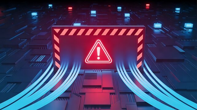 Glowing warning sign with exclamation mark placed over a dark motherboard surface with bright blue fiber optic cables and red light accents