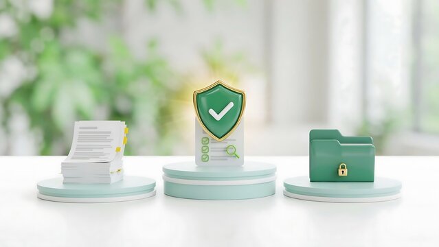 Green document stack with a checkmark shield and a locked green folder on pedestals representing secure data management and document protection