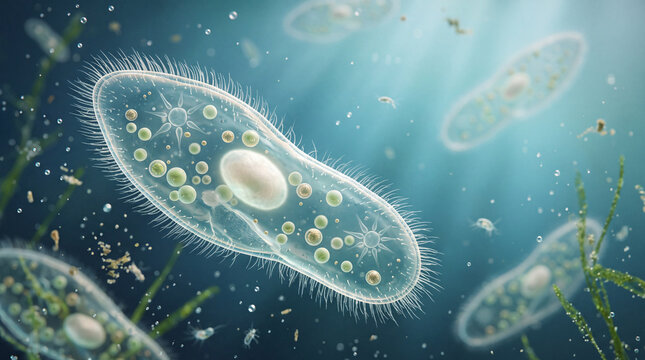 A detailed microscopic view of several paramecium ciliates swimming in a clear aquatic environment