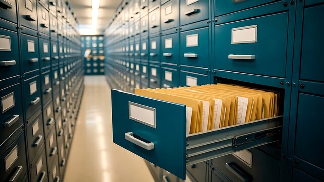 Long perspective view of an office archive room with rows of teal metal filing cabinets and one open drawer filled with yellow hanging file folders