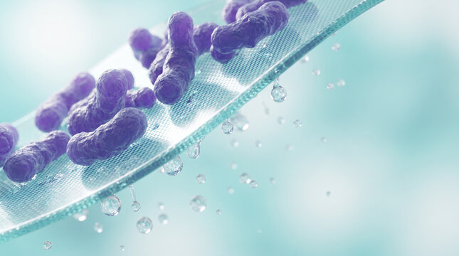 Scientific visualization of purple rod shaped bacteria on a laboratory glass slide surface