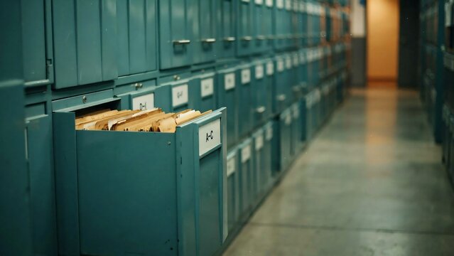 Old metal filing cabinet in a dark office corridor with an open drawer containing paper files and documents for organized data storage and retrieval