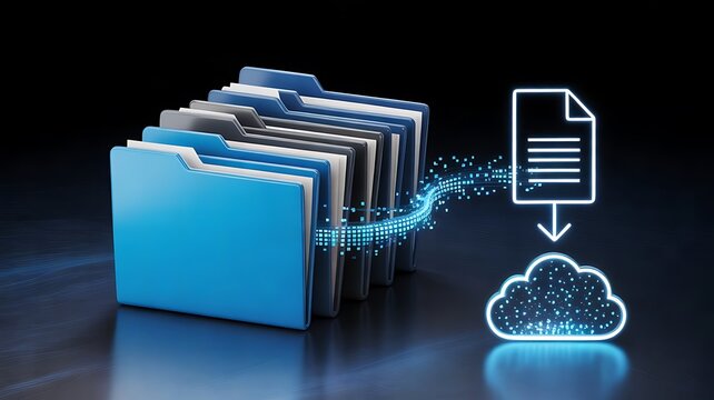 Stack of blue folders with a glowing data stream flowing into a neon cloud representing digital document upload and cloud storage technology