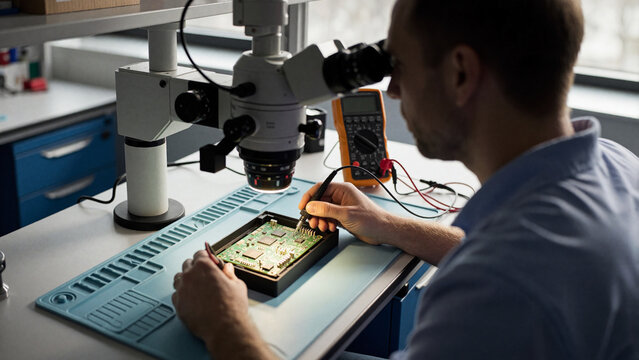 PCB inspection and electrical testing beneath a microscope