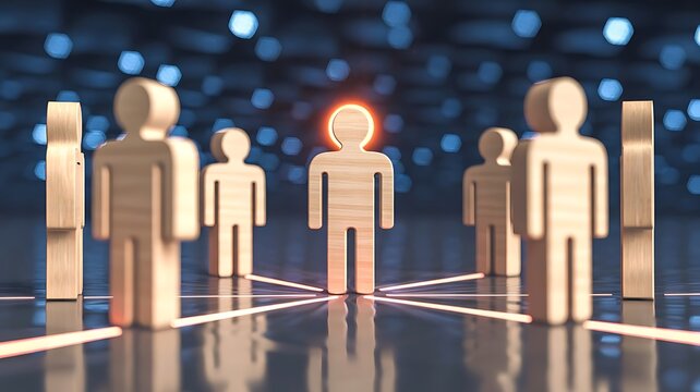 Wooden human figures in a circle with glowing orange lines connecting to a central leader figure representing teamwork and corporate networking