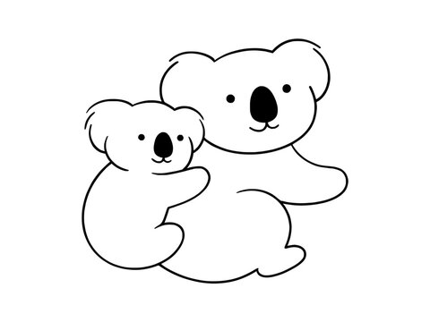 Vector isolated koala mom and baby colorless black and white contour line easy drawing