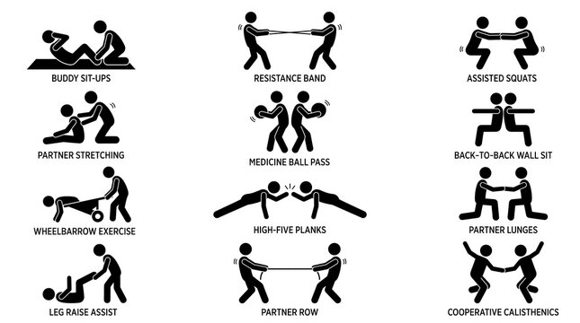 Partner workout stick figure icon set, couple fitness exercises vector pictogram collection, workout training symbols