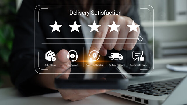 A close-up of a person interacting with a smartphone displaying delivery satisfaction scores, emphasizing real-time updates and customer feedback for improved service. Nascent