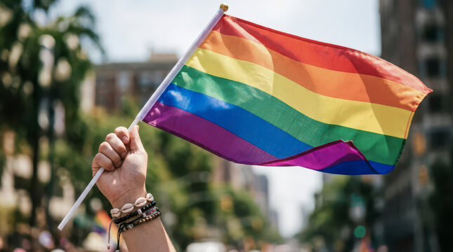 Person holding lgbtq+ rainbow flag during pride parade