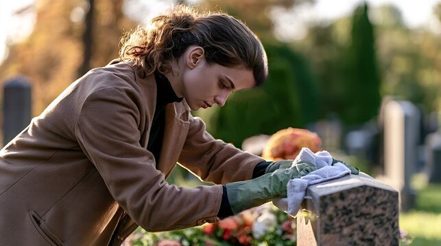 Woman cleaning gravestone, showing grief and remembrance in cemetery