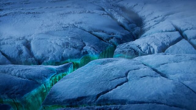 60 FPS forward drone push over glacier crevasse revealing glowing turquoise meltwater ice canyon