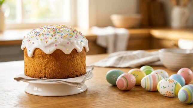 Easter cake with white icing and colorful sprinkles on a wooden stand served with decorated eggs on a rustic oak table for a traditional spring holiday celebration