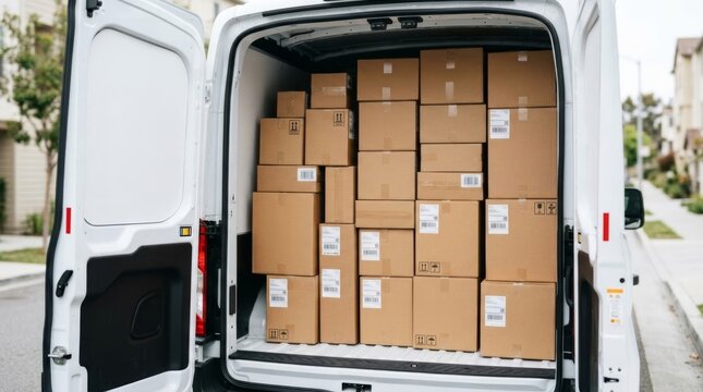 Cardboard boxes stacked inside a cargo van with open rear doors representing efficient logistics, supply chain management, and parcel delivery services for small business shipping operations
