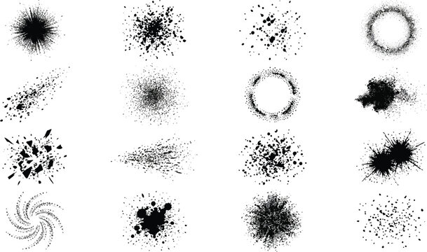 Black Ink Brush Strokes Collection with Halftone Texture Isolated on White Background for Graphic Design Projects