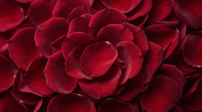 Deep red rose petals closely packed together forming abstract organic background texture for romantic design elements and luxury invitations