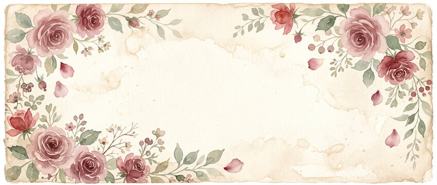 Watercolor roses and leaves border with copy space on a distressed paper background, elegant floral frame design for invitations or cards for banner social media cover