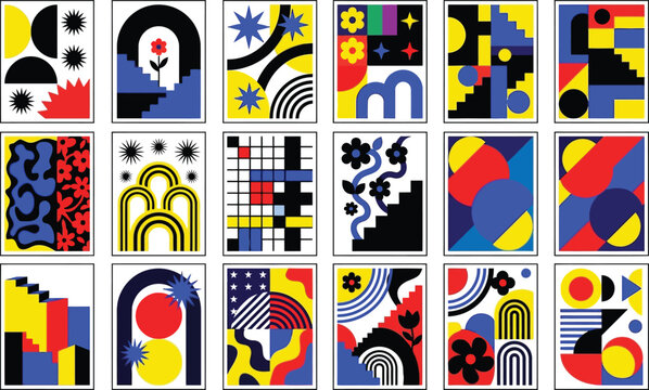 Abstract Geometric Poster Set Featuring Bauhaus Inspired Shapes and Vibrant Primary Colors in Flat Vector Illustration Style