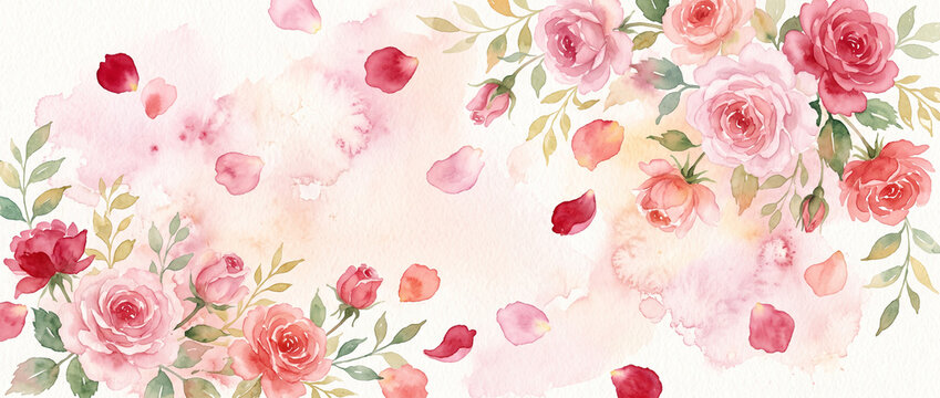 Watercolor roses floral background featuring pink and red blooming flower blossoms with elegant greenery leaves scattered petals for romantic wedding invitation greeting card design template