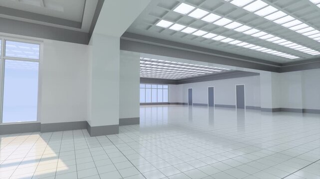 Sliding motion in large empty hallway with panoramic windows, white glossy floor tiles, and square ceiling lights. 3d animation