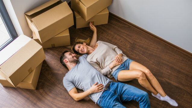 Couple lying on wooden floor among moving boxes in new home