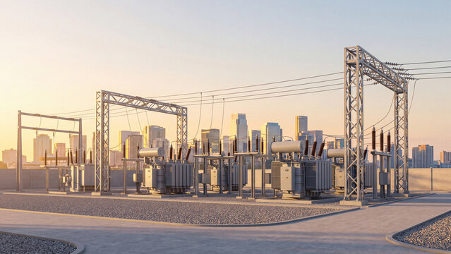 Power substation with transformers and steel gantry towers at sunset against city skyline, high voltage electrical grid supplying clean electricity to urban downtown buildings